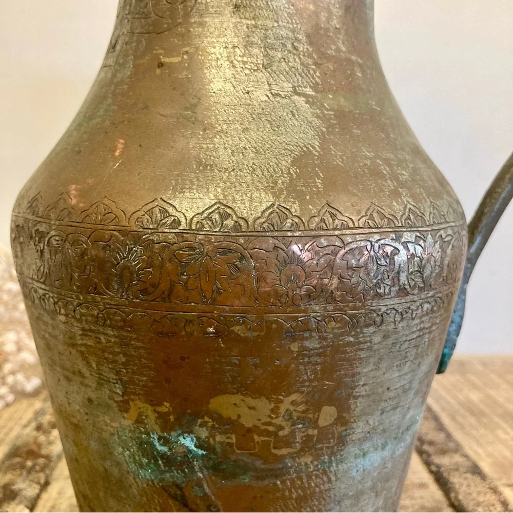 Hand Etched Vintage Metal Pitcher with Lid and Dovetail Joinery Middle Eastern
